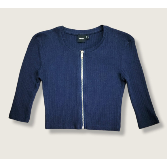 ASOS Zip-Front Crop Top Ribbed Short Sleeve Zip-Up Shirt Blouse Navy Blue US2 - Picture 2 of 8